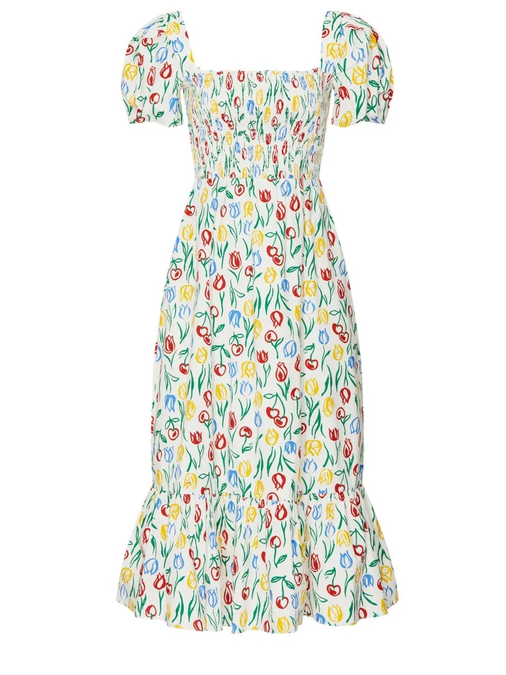Smocked Square-Neck Midi Dress in Multi Floral